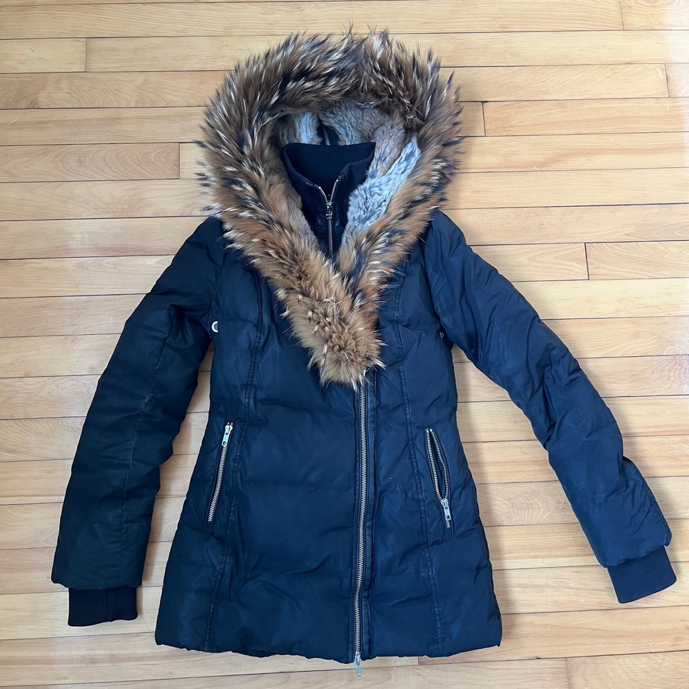 Mackage Black Down Parka Fur Trim Hooded Winter Coat Jacket Womens XS TP
